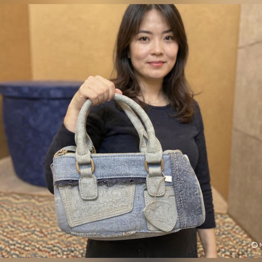 Light Blue Distressed Denim Satchel Handbag